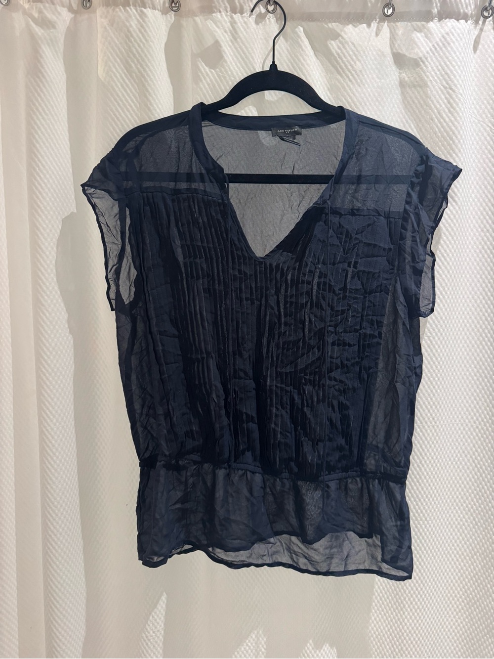 Ann Taylor Sheer Navy Pleated V-Neck Blouse